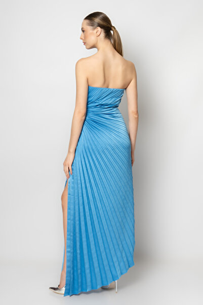 RENGIN Beli taş aksesuarlı boydan pilisoley saten abiye elbise