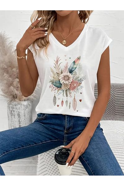 mercoledi Casual Boyfirend - Μπλουζάκι με λαιμόκοψη σε V με φλοράλ στάμπα