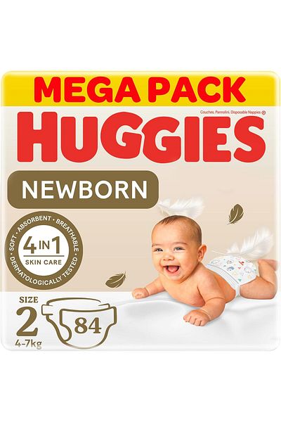 Huggies Extra Care Newborn, Size 2, 4-6 kg, Mega Carry Pack, 84 Diapers