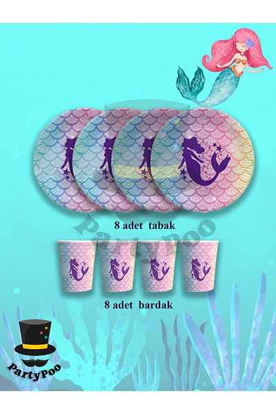 PartyPoo Mermaid Themed Set of 8 Plates and Cups |   Birthday Party Ornament and Decoration