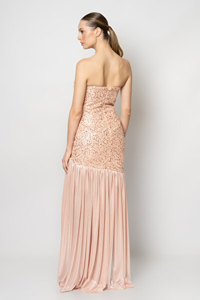 RENGIN Üstü boncuklu taşlı eteği parlak straplez abiye elbise