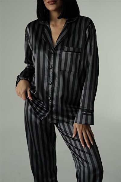 COCCOLARSI Strisce Grigie Nere Saten Uzun Pijama Takımı