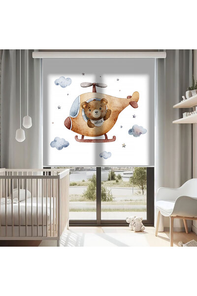 AD Home Helikopter ve Sevimli Ayıcık Baskılı Stor Perde - Güneşlik - Bebek Od...