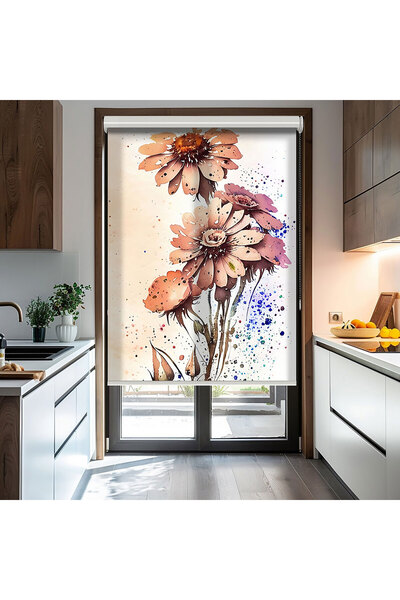 Bright Cover Suluboya ve Çiçekler Baskılı Stor Perde, Baskılı Güneşlik, Salon...