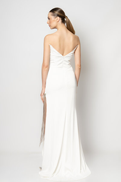 RENGIN Bacağından taş şerit aksesuarlı kedi yaka saten abiye elbise