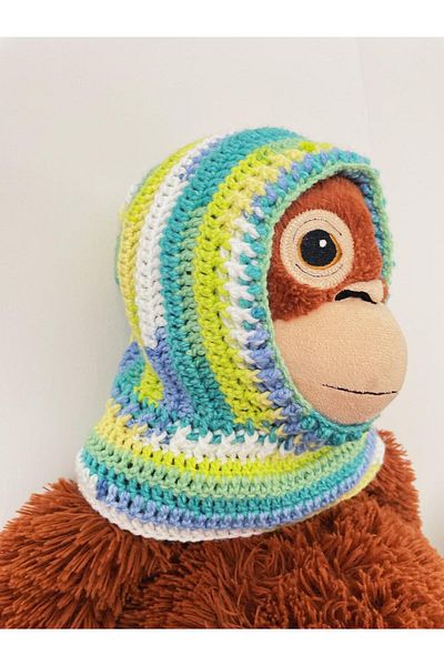 The Cloudish Shop Baby Kids Hand Knitted - Blue Green White Mixed Color Beanie Balaklava with Knitted Neck Collar