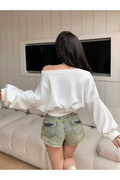 meren like your style Hanorac alb cu mânecă lungă, cu decolteu asimetric, de culoare uni, pentru femei