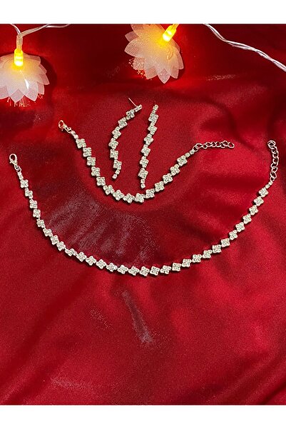 Zanora Ajda Model Zirkon Taşlı Zarif Kolye Küpe Bileklik Seti Hediye Set