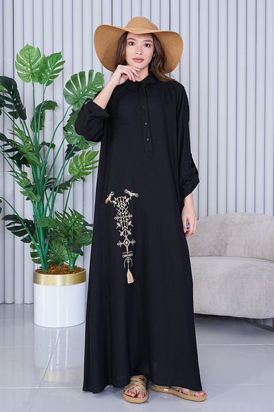 AYASOFYA OTANTIK Women's Black Half Placket Shirt Collar Ethnic Embroidery Detailed Oversize Loose Dress