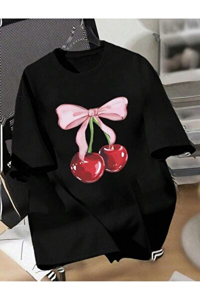 stg spor toptan giyim Дамска широка широка тениска с черна панделка и щампа с...