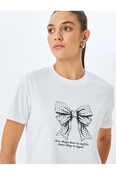 Koton New Season Cotton Short Sleeve Crew Neck Bow Printed T-Shirt