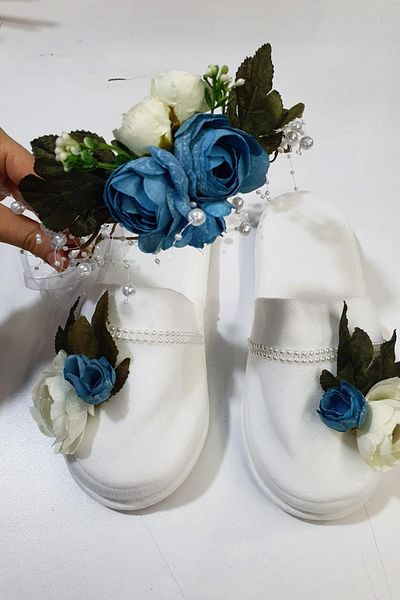 Hobigram Cream Blue Willow Maternity Set Baby Newborn Mevlüt Slippers Hospital Exit Slippers Crown Set – L