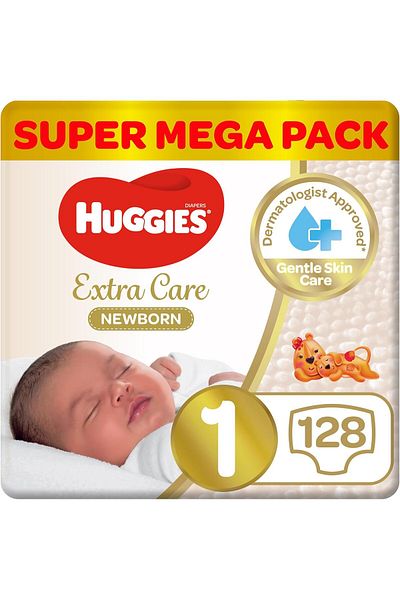 Huggies Extra Care Newborn, Size 1, Up to 5 kg, Twin Jumbo Pack, 128 Diapers