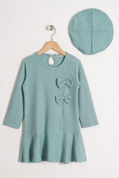 zepkids Colorful Girl's Dress with Crew Neck and Bow Detail and Hat Accessories