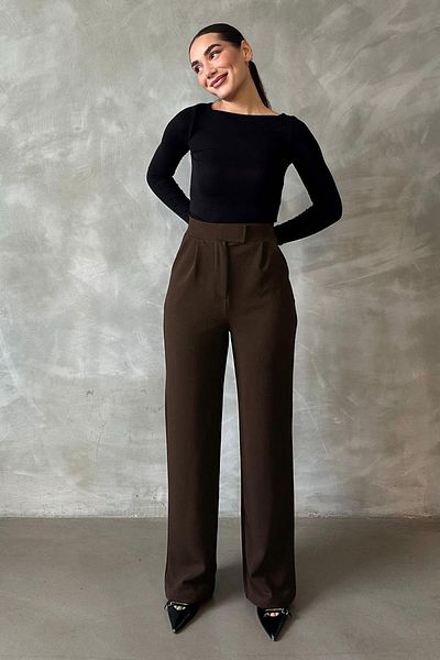 Madmext Brown Lycra Velcro Closure Palazzo Trousers Mg2291