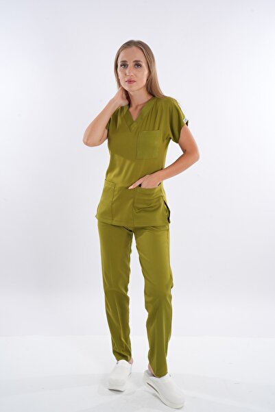 Nur Medikal Giyim Unisex Elit Likra Yağ Yeşili Hemşire Ve Doktor Üniforma Tak...