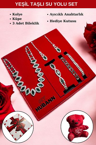 HUBANN Green Stone Gift Jewelry Set - Box with Keychain