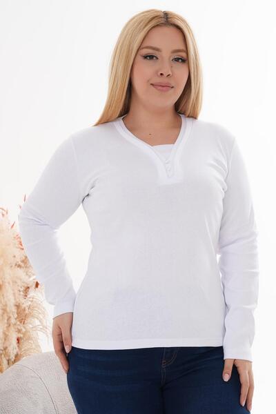 Siyezen Plus Size V Neck Button Detailed Cotton Blouse
