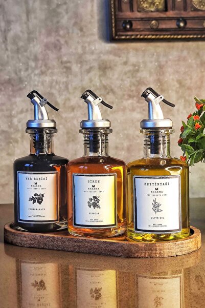 KHAKMA Transparent 3-Piece 250 Ml Olive Oil Vinegar Pomegranate Syrup Oil Pot with Wooden Stand White