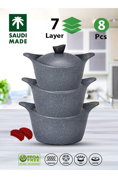 Badraig 8-Piece Granite Cookware Set Dark Grey Marble