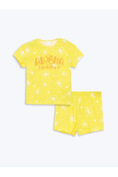 LC Waikiki Lcw Eco Yellow Crew Neck Printed Girls' T-Shirt and Shorts 2-Piece