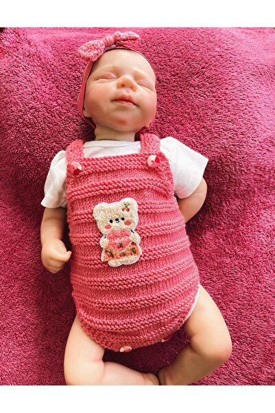 The Cloudish Shop Bebek el örgüsü tulum bandana seti 0-3 ay pembe punch ayıcı...