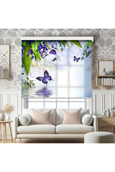 AD Home Kelebekler ve Çiçekler Baskılı Stor Perde - Güneşlik Perdesi - Mutfak...