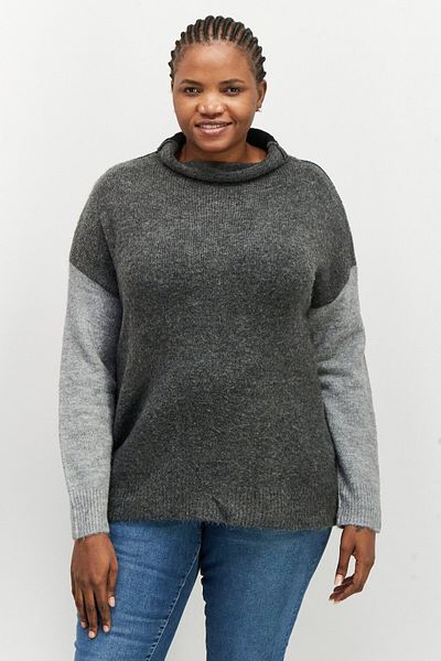 Karen Kane Women Plus Size Turtle Neck Long Sleeve Color Block Sweater, Grey