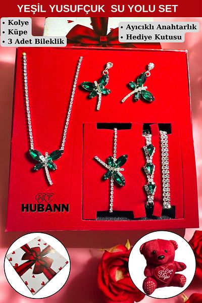 HUBANN Green Stone Dragonfly Jewelry Set Teddy Bear with Keychain Boxed Gift Product Gift for Lover