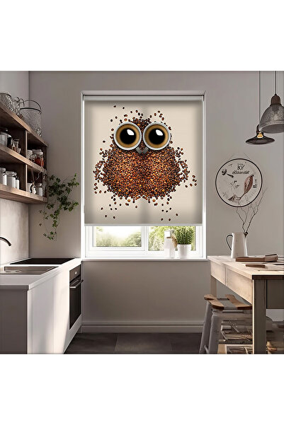 Bright Cover Baykuş ve Kahveler Baskılı Stor Perde - Güneşlik Perdesi - Mutfa...