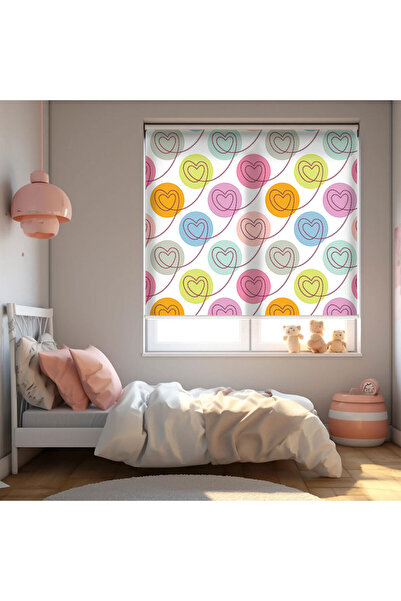 AD Home Renkli Kalpler Baskılı Stor Perde - Güneşlik Perdesi - Kız Çocuk Odas...