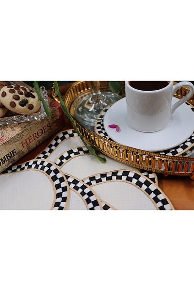 vipceyiz Round Checkerboard Patterned Embroidered Cocktail Serving Napkin (6 pieces)