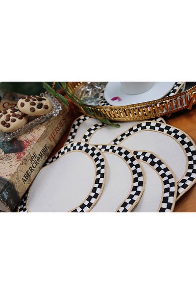 vipceyiz Round Checkerboard Patterned Embroidered Cocktail Serving Napkin (6 pieces)