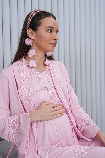 lohusahamile Gizli Emzirme Özellikli Kısa Kol Pudra Pembe Sabahlıklı Hamile Lohusa Pijama Takımı