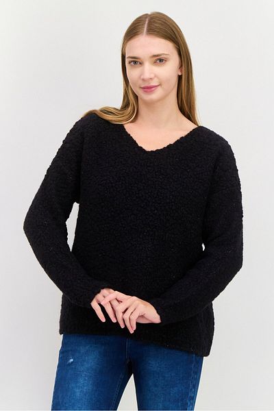 Hugo Boss Women V-neck Textured Sweater, Black