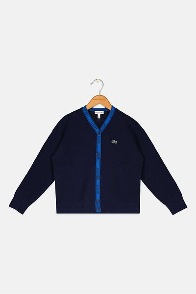 Lacoste Kids Girls V-Neck Brand Logo Cardigan, Navy Blue
