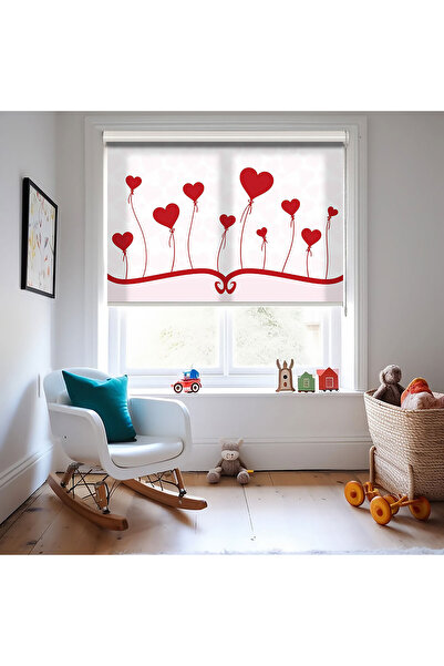 Bright Cover Kırmızı Kalpler Baskılı Stor Perde - Güneşlik Perdesi - Bebek Od...