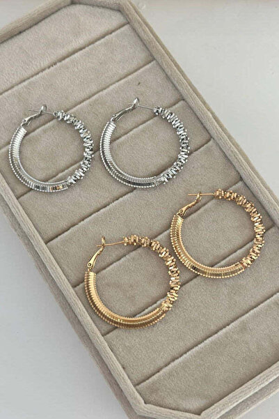 MUTENA Serrated Double Chain Model Hoop Earrings - Serrated Detailed Hoop Earrings