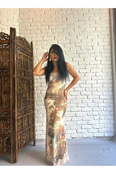 moneta boutique Kadın Askılı Batik Desen Tül Maxi Boy Elbise