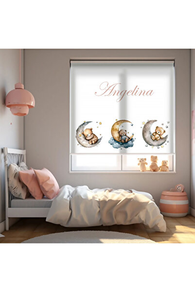 AD Home Ay Yıldızlar ve Ayıcıklar Baskılı Stor Perde - Güneşlik Perdesi - Beb...