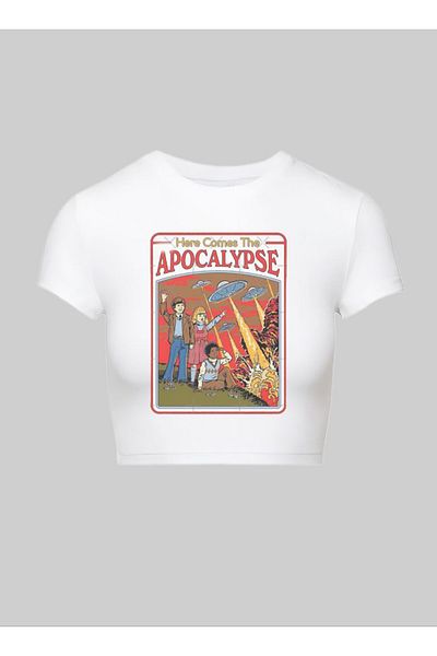 MAYDAY CULTURE White Vintage Illustration Pinterest Y2K Crop Top Baby Tee Lycra Narrow Combed Cotton