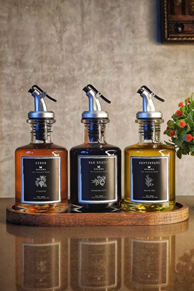 KHAKMA Transparent 3-Piece 250 Ml Olive Oil Vinegar Pomegranate Syrup Oil Pot with Wooden Stand Black