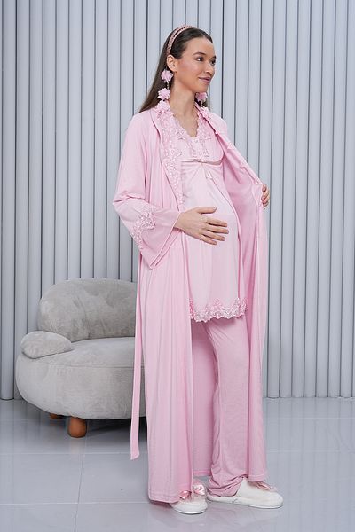 lohusahamile Pregnant Maternity Pajamas Set with Hidden Breastfeeding Short Sleeve Powder Pink Dressing Gown