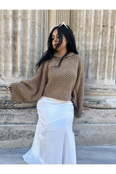 moneta boutique Дамски пуловер с качулка и ажурна качулка