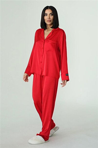 COCCOLARSI Nobiltà Della Notte Kırmızı Saten Uzun Pijama Takımı
