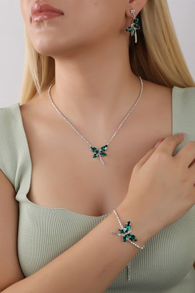 HUBANN Green Stone Dragonfly Jewelry Set Teddy Bear with Keychain Boxed Gift Product Gift for Lover