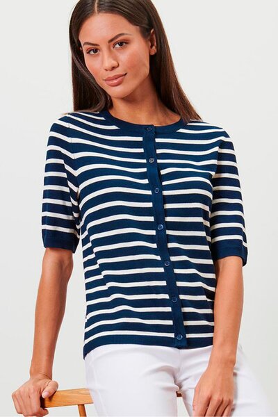 Tchibo كارديجان نسائي مخطط بأكمام قصيرة ورقبة دائرية، أزرق داكن