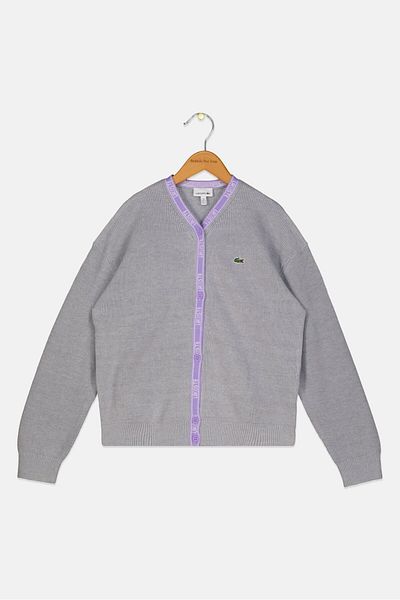 Lacoste Women V Neck Long Sleeve Brand Logo Sweater, Grey