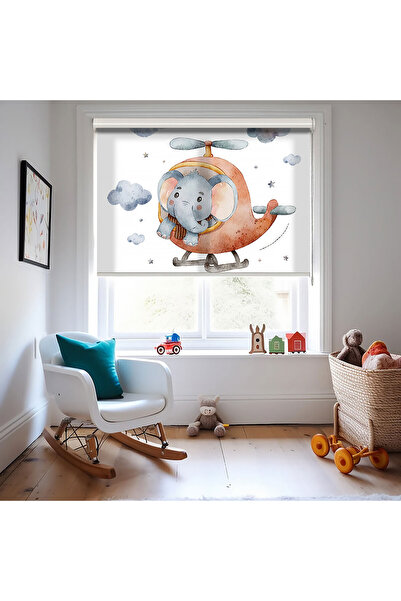 AD Home Καφέ κουρτίνα με στάμπα ελικοπτέρου και χαριτωμένου ελέφαντα - Κουρτί...