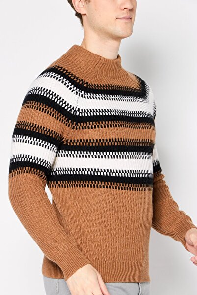 Michael Kors Men High Neck Long Sleeve Stripe Sweater, Brown